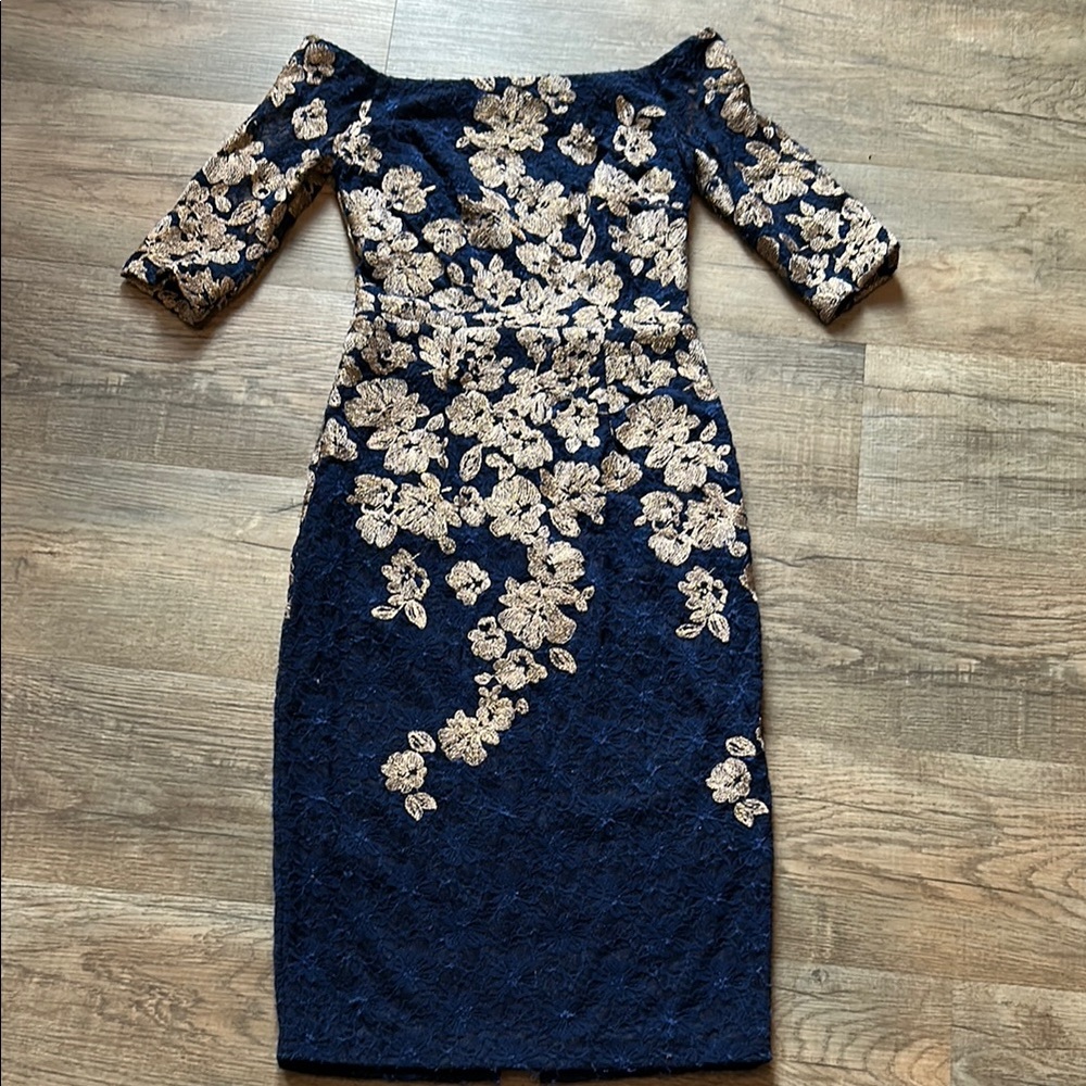 Navy & Gold Floral Lace Sheath Dress
